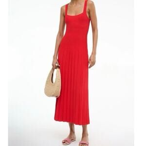 STAUD Red Ribbed Midi Ellison Dress